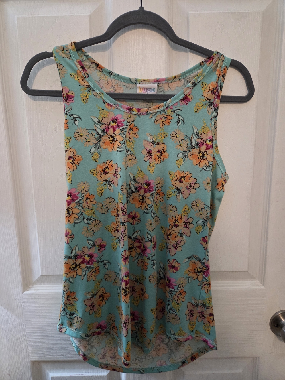 LuLaRoe Floral Tank Top in Teal with Yellow and Pink Blooms